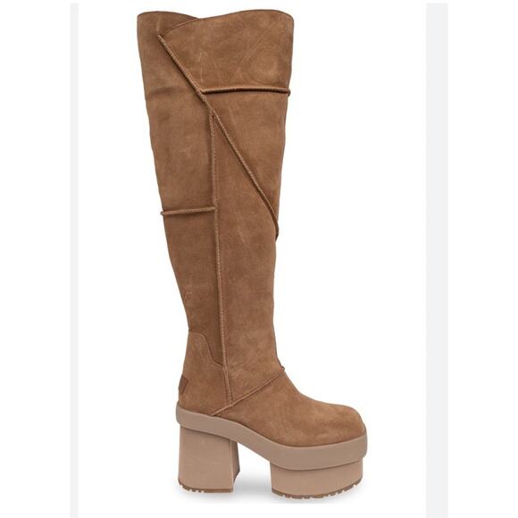 NEW UGG Heights Platform Xtra Tall Boots 8 Chestnut Suede Shearling Chunky Heel - Picture 2 of 12